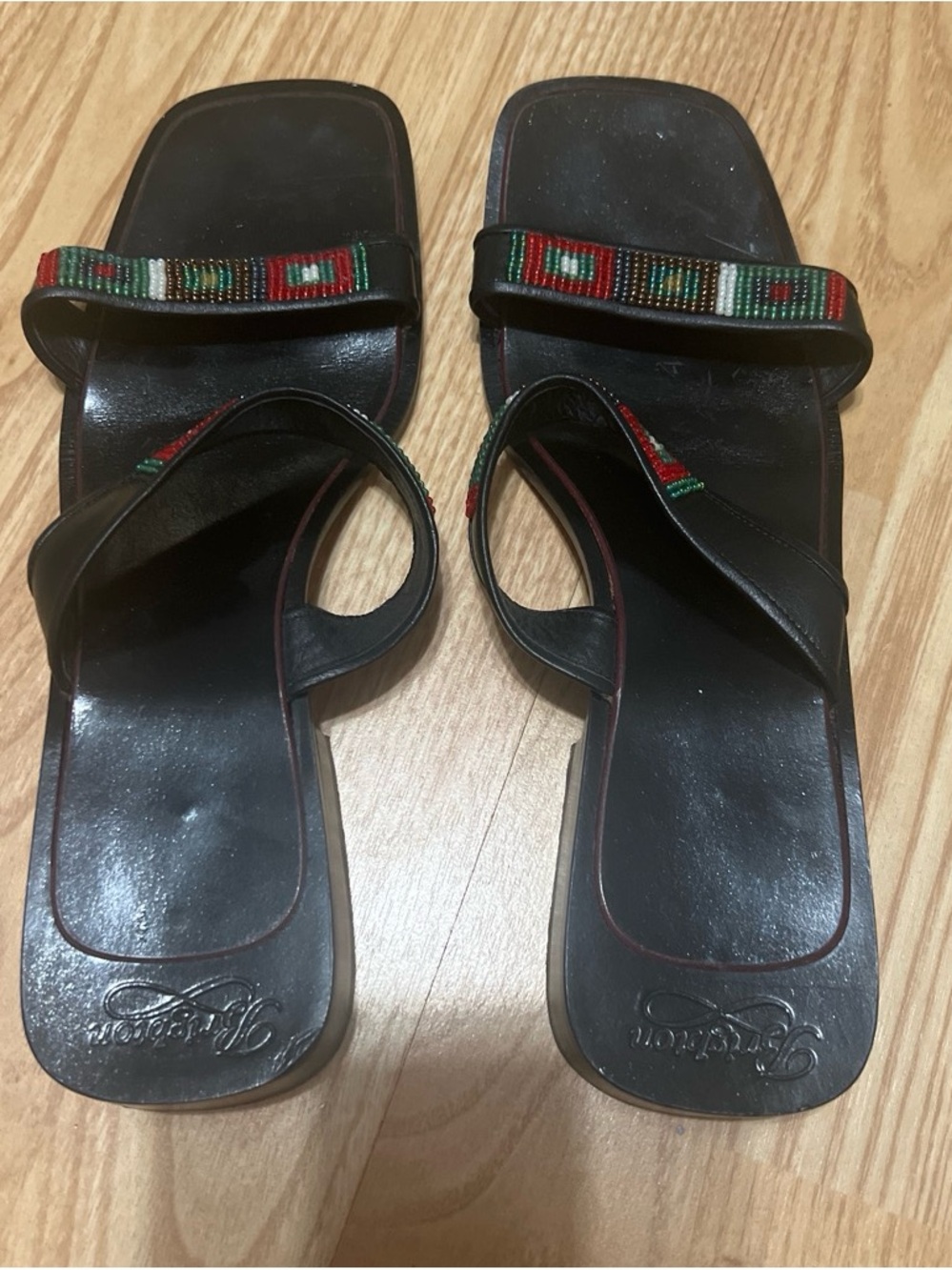 Brighton Black Beaded Slide Sandals with Red & Green Accents